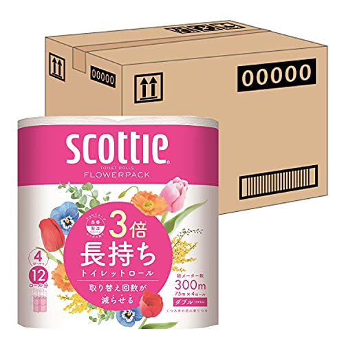 【ケース販売】 スコッティ フラワーパック 3倍長持ち トイレットホワイト 4ロール 75mダブル 12パック入り
