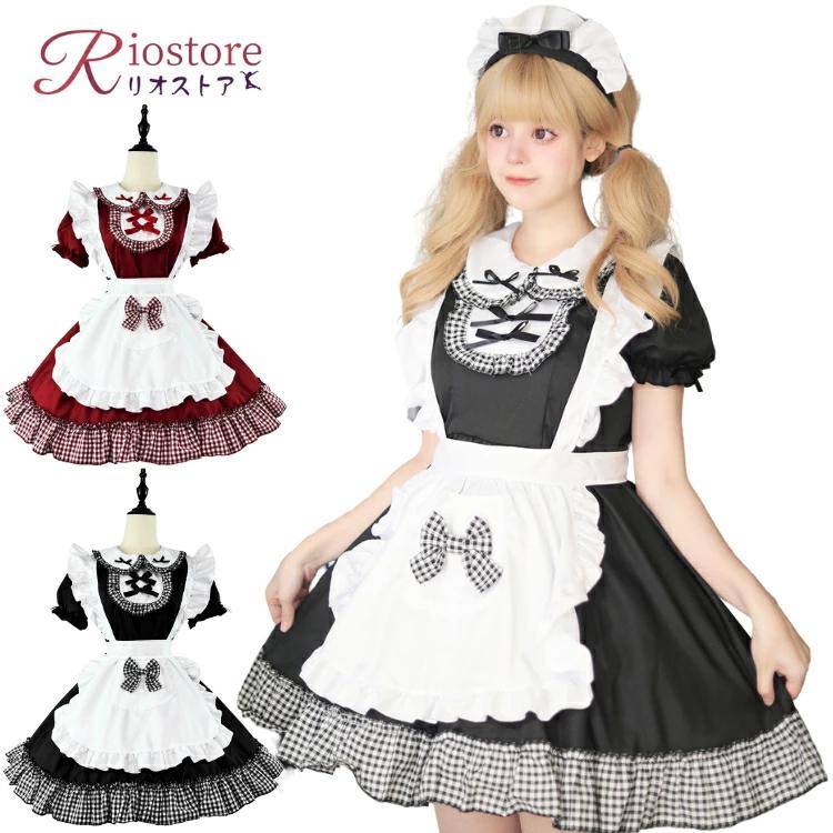 新作ハロウィングッズ メイド服 チェック柄 Lolita クリスマス 黒 赤 白 ワンピース 大きいサイズ 萌え メイドカフェ レディース ロリータ リボン 裾フリル ハロウィン衣装 可愛い 仮 2枚