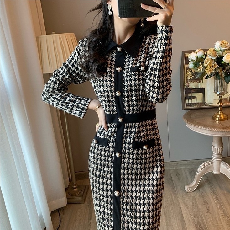 千鳥柄ワンピ 長袖ニットワンピース エレガントコーデ タイトワンピースドレス スカート ワンピース ニットソー プルオーバー オールインワン ロングスカート タイトスカート ニットスカート 膝下