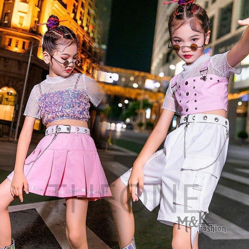 キッズダンス衣装 ジャズダンス 白 ピンク キラキラ スパンコール チアガール チア 韓国 HIPH