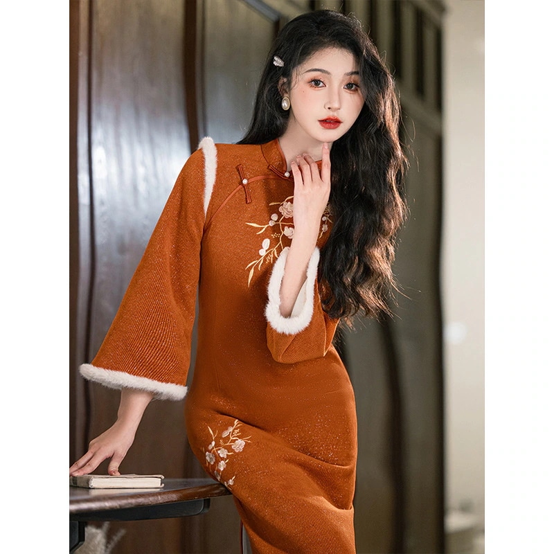 ワンピースドレスドレスオレンジホワイト刺繍チョンサム漢服スタイルレディレディー美しい秋と冬スタイルスタイル長冬の女の子