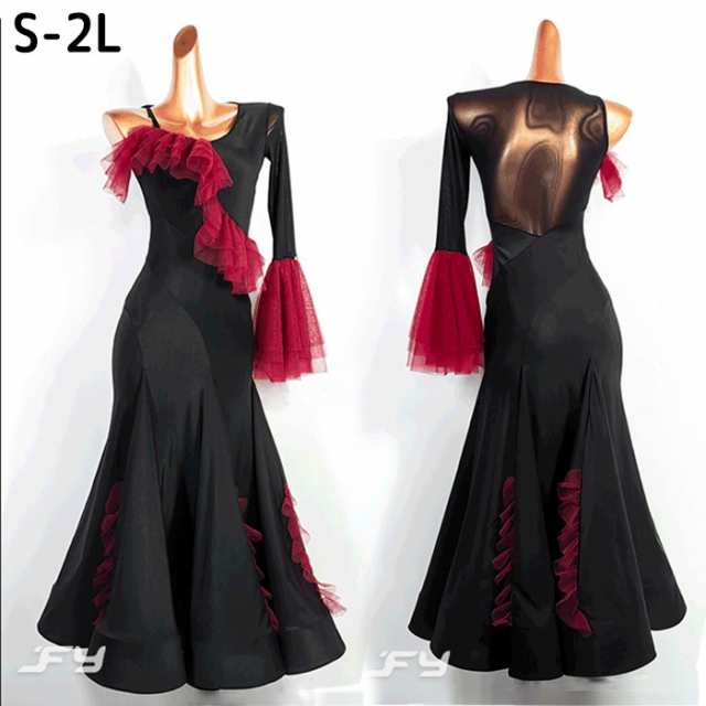 【新品】社交ダンスドレス モダンドレス 黒 赤 社交ダンス衣装 社交ダンス ドレス 衣装 長袖 大きい裾 スタンダードドレス ワルツダンス ワンピースドレス ステージ衣装 競技会 パーティー 発表