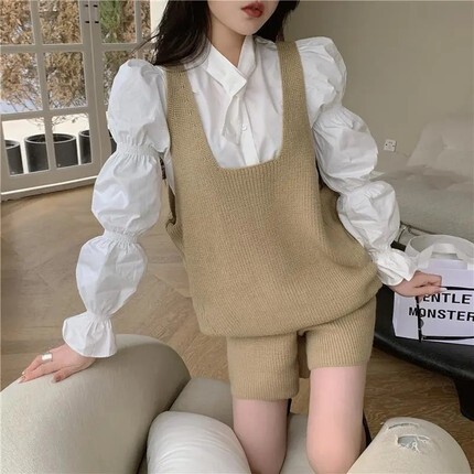 【送料無料】レディース セットアップ シャツ ニットベスト ニットショートパンツ 3点セット 5,175円