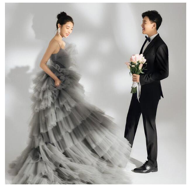 ウェディングドレス 高級感 多重チュール トレーン お姫様 花嫁ドレス カラードレス 姫系 グレー 結婚式 前撮り 誕生日 演奏会 フきれいめ ロング丈 発表会ドレス パーティードレス 二次会 披露宴