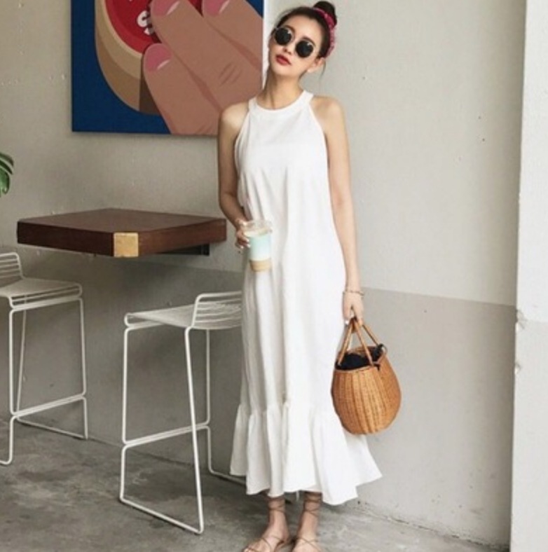 ワンピース フレア セミフレア ロング マキシ ノースリーブ ホルターネック ストレート Iライン 大人可愛い きれいめ シンプル エレガント 上品 クール 夏 デート リゾート 韓国 白 S