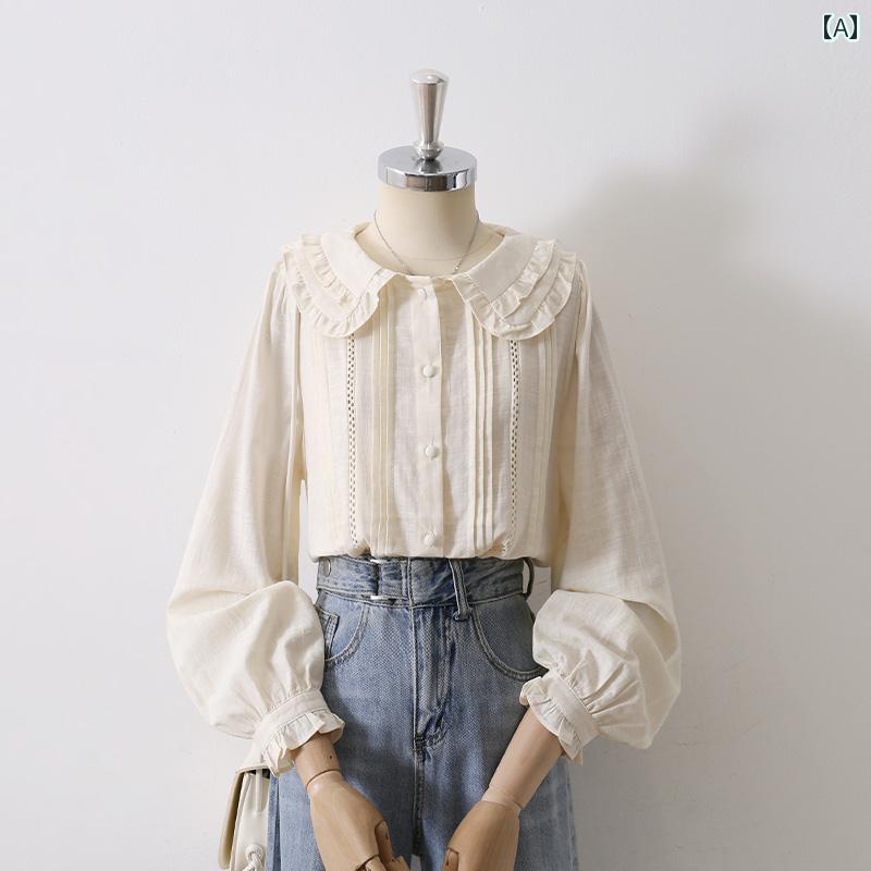 レディース シフォンシャツ ブラウス 長袖 五分袖 春秋 アイボリー 二層のドール襟 フリル レース模様 バルーンスリーブ シングルブレスト おしゃれボタン エレガント フェミニン シンプル
