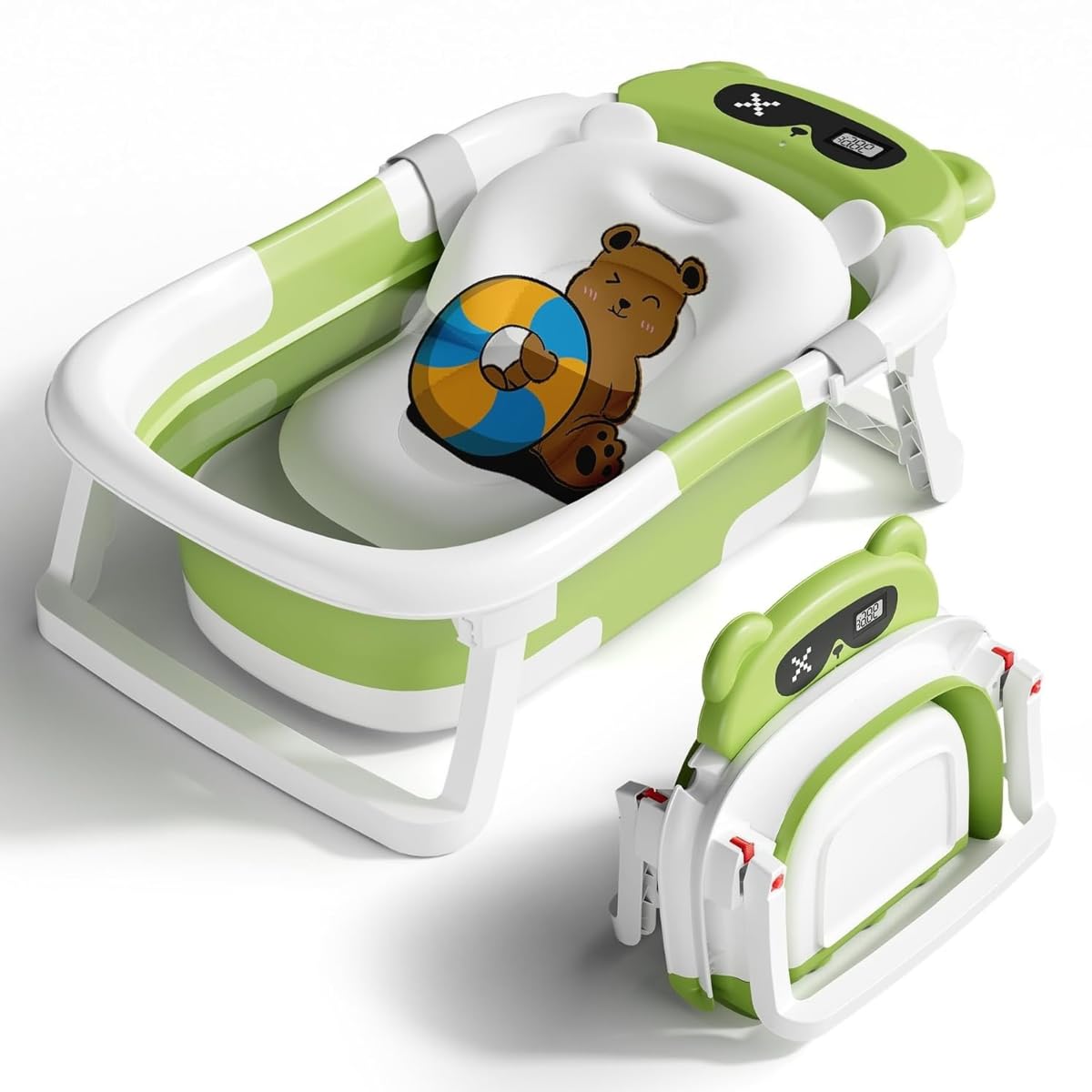 SHAKE BEAR ベビーバス 折りたたみ式 ベビー用浴槽 湯温計 バスクッション付き 赤ちゃん 新生児 沐浴 ベビー お風呂 0~6歳 バスタブ コンパクト 水抜栓付 赤ちゃん用 出産祝い ギフ