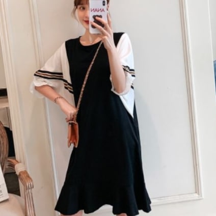 ドッキングワンピース Tシャツ ミドル丈 袖あり 半袖 ドルマンスリーブ ラウンドネック ワイド