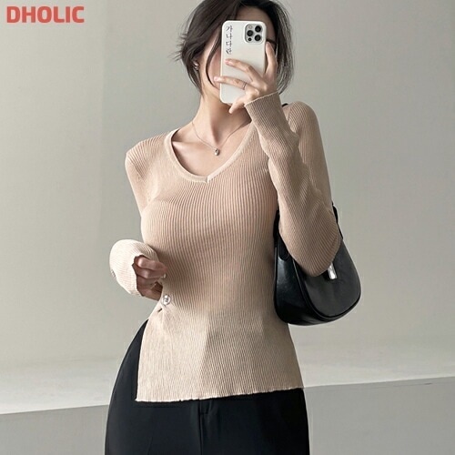 リブVネックスリット長袖フェイクボタンニット