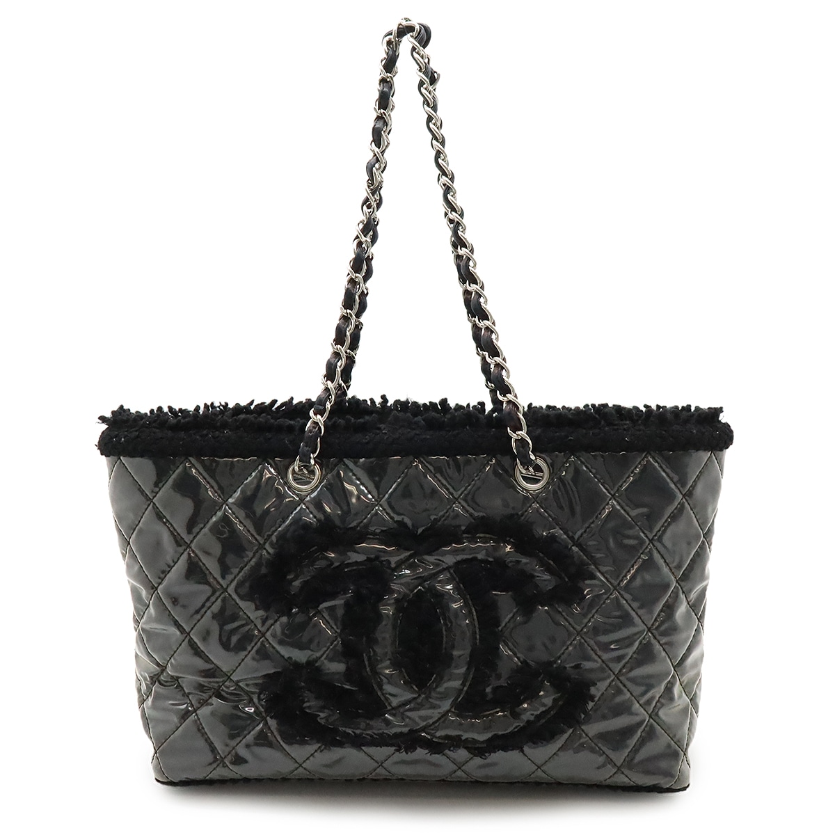 ココマーク パテントトワレ ファニーツイード チェーントートバッグ ショルダーバッグ ビニール ブラック 黒 シルバー金具 A4715