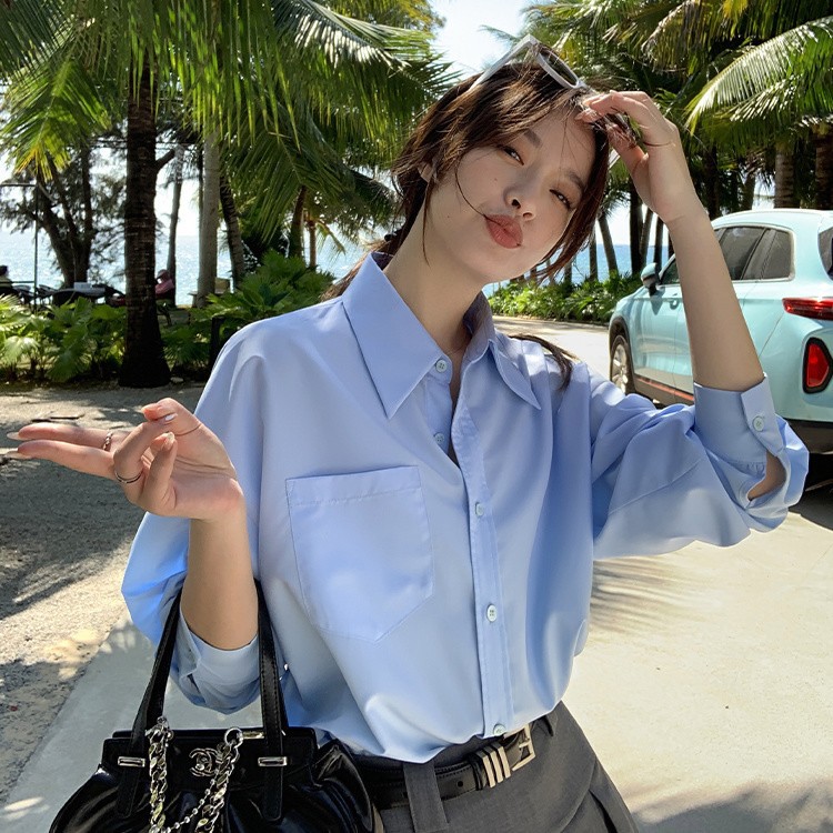 アメリカン ライトブルー シャツ レディース 長袖 インナー アウター ゆったり 春夏 服 レディース シャツ トップス アウター99