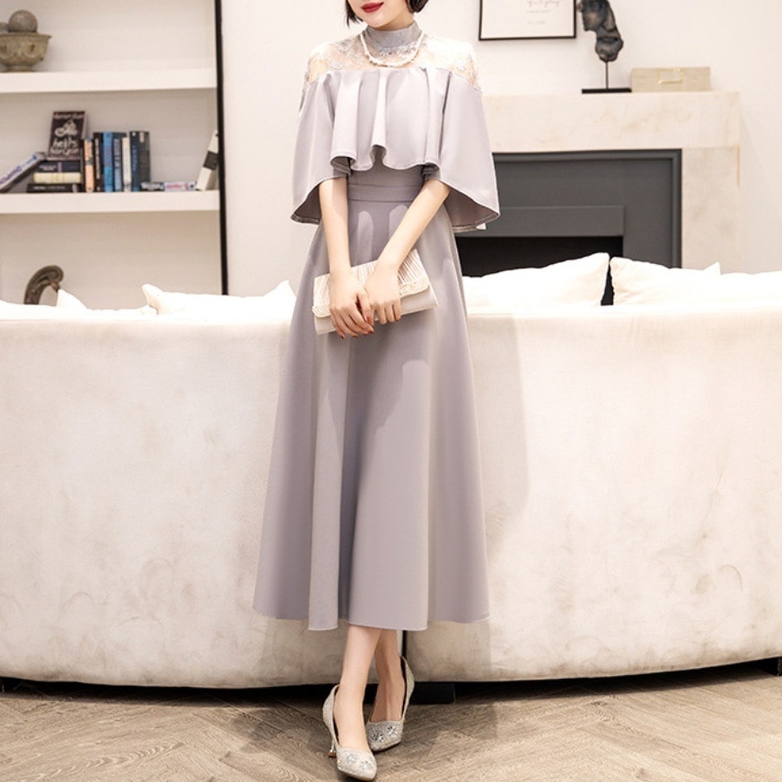 【高級品質!】 れドレス 二の腕カバー 4色展開 スタンドネック 切り替え レース 透かし彫り ハイウエスト Aライン パーティードレス