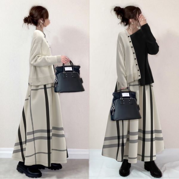 【 今季大注目のアップ】 トレンドアイテム おしゃれ度アップ 切り替え チェック柄 混色 ロング 2点セット レディース 秋冬
