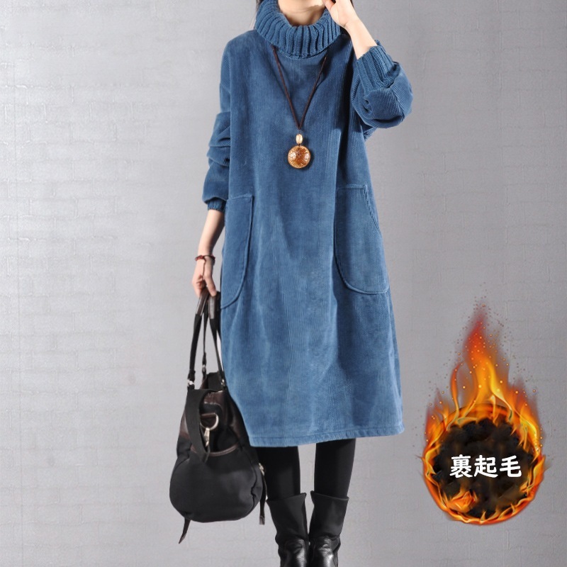 【SNSで話題沸騰】 肌触りよく 体型を問わず 無地 コーデュロイ カジュアル ワンピース