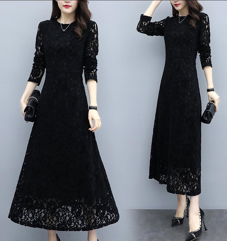長袖総レースワンピース黒レディ今週の割引は 25% オフですース上品優雅パーティードレスフォマールAラインロング丈ワンピース大人