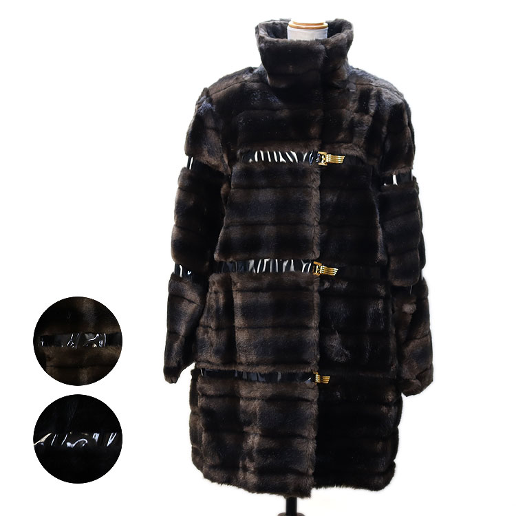 フランス製 フェイクファー コート アクリル ベルトデザイン ボーダー 送料無料 レディース ギフト プレゼント　エコファー 69,850円