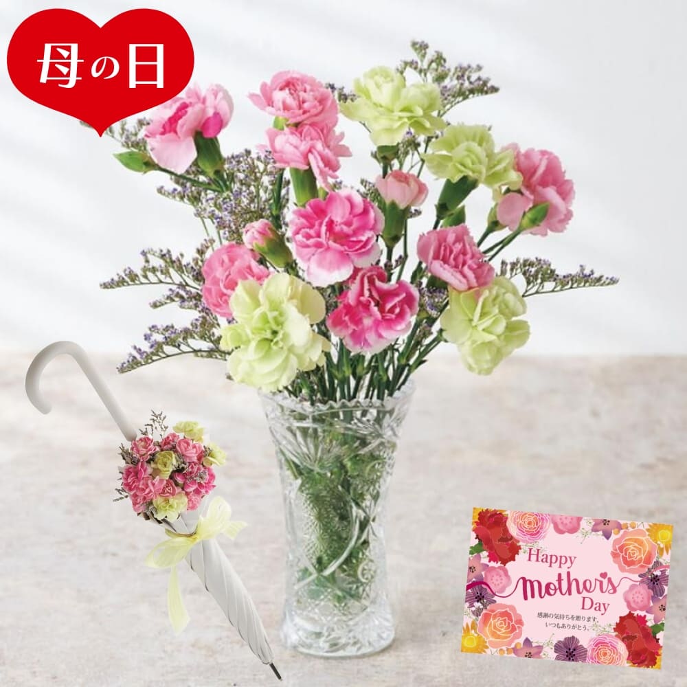 メガ割 24 アンブレラ＆マザーズカーネーションの花束 ホワイト ギフト 傘 かさ 花束 白い花 セット 贈り物 感謝福袋