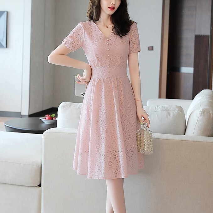 レースワンピース ロング ホワイト ピンク イベント 夜 ミディ パフスリーブ Vネック レース