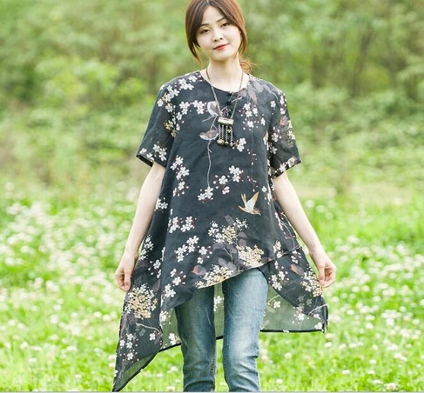 アドバンテージ麻トップス 春夏 婦人服 ママトップス プリントシャツ カジュアルウェア 短袖トップス 鳥柄トップス