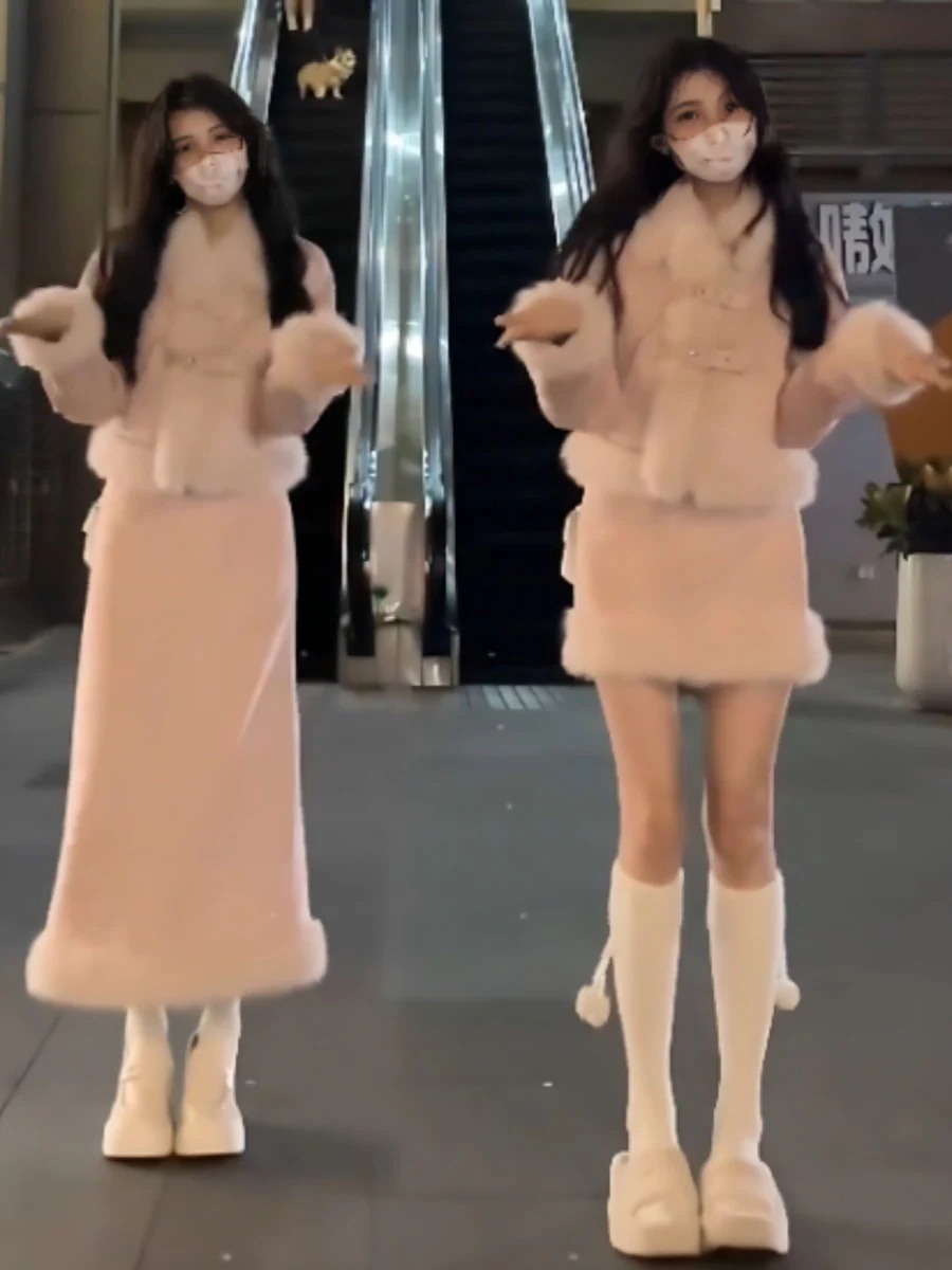 【2枚購入で200円 OFF！急速出荷】ファー襟付き秋冬女性用スーツピンクのウールコートとスカート女性用2点セット