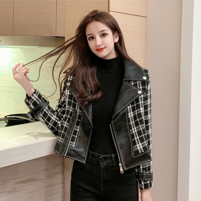 年秋冬新ネットセレブウエスタンスタイルワイルドファッション優しい風ステッチ機関車ユニフォームチェック柄ショートジャケット女性トレンド