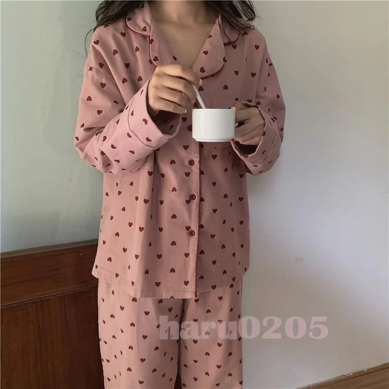 大人気商品パジャマ 春秋冬 部屋着 レディース 長袖 おしゃれ ハート柄 ウェア 柔らかい ソフト 前開き 寝間着 お泊り 出張 入院 ガーゼ サプリ