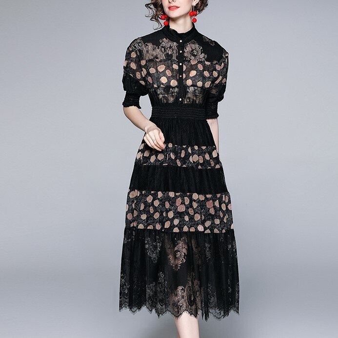 ワンピース 半袖 春 夏 秋 きれいめ フォーマル Aライン 膝下 ミモレ丈 ミディアム丈 五分袖 スリム タイト 細身 Aライン スマート レース 刺繍 ブラック S M L XL 2XL 大人可愛