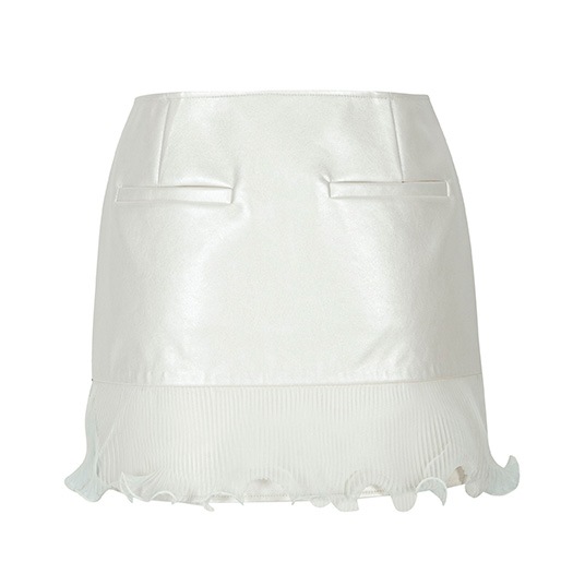 イエロースパンコールビーガンレザーフリルメッシュレースミニスカート