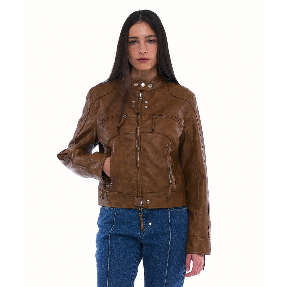 PARTIMENTO WOMEN ウォッシュドレザーバイカージャケット_キャメル