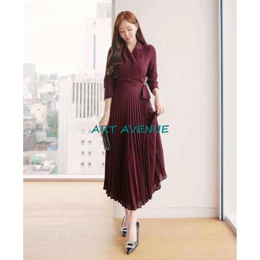 ワンピース レディース 春 きれいめ 韓国風 ロング丈 長袖 プリーツワンピース aライン 上品 着痩せ お洒落 大人 卒業式 母 通勤 OL 二次会 30代 40代