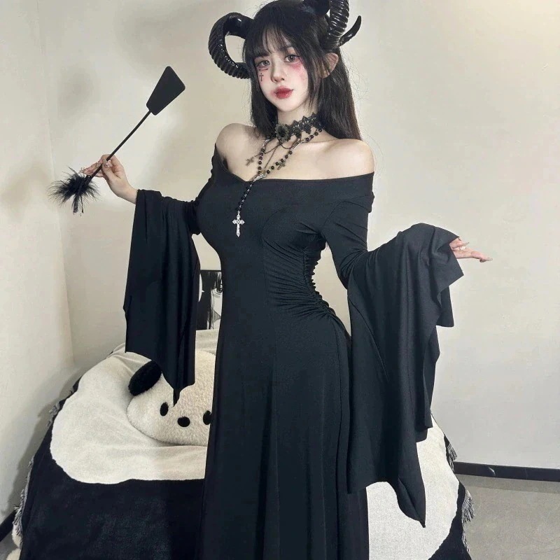ワンピース ハロウイン ダーク系 コスム変装 制服系セクシーな女性用ゴシック風ブラック長袖