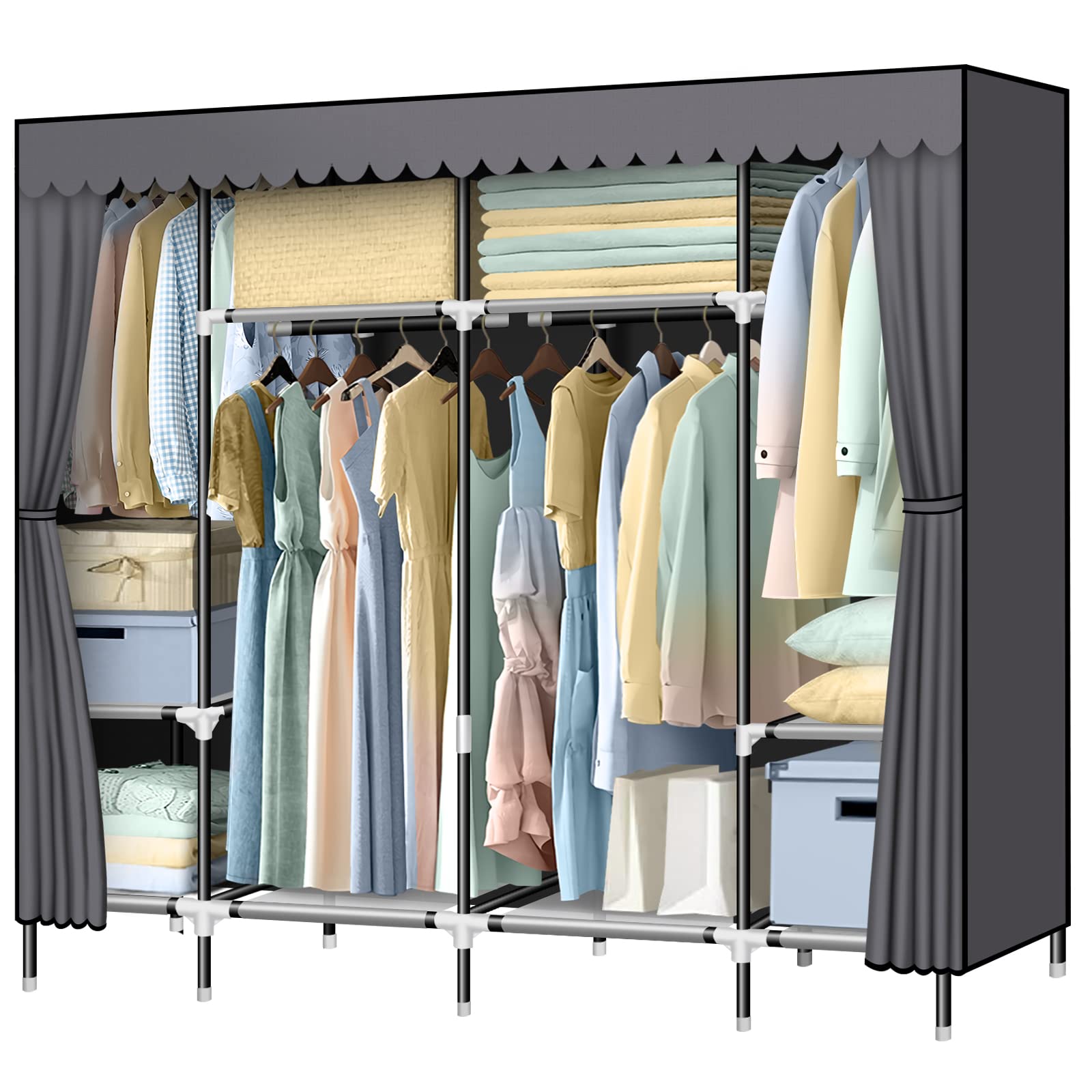 ワードローブ カバー付き 大容量 不織布 クローゼット ハンガーラック 簡単組み立て式 衣類収納ラック 省スペース 防水 防塵 防汚 耐用 幅203×奥行44×高さ170cm グレー