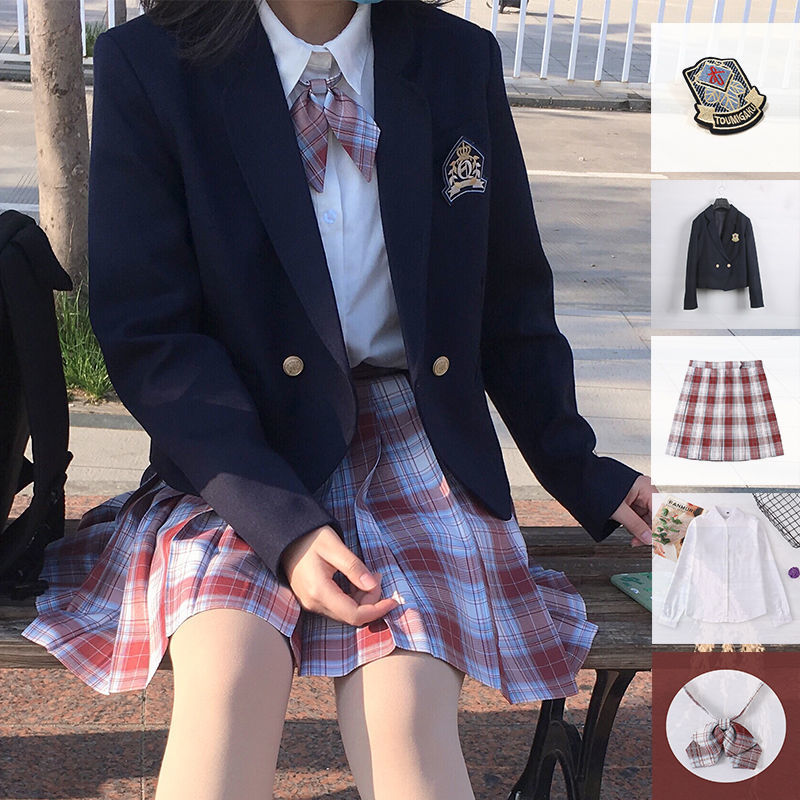 5点セット(ネイビーブレザー+スカート+リボン+ブラウス+バッチ) 入学式定番女子ブレザー制服スクール ジャケットイベントチェックスカート就職活動面接アウターコート 卒業式