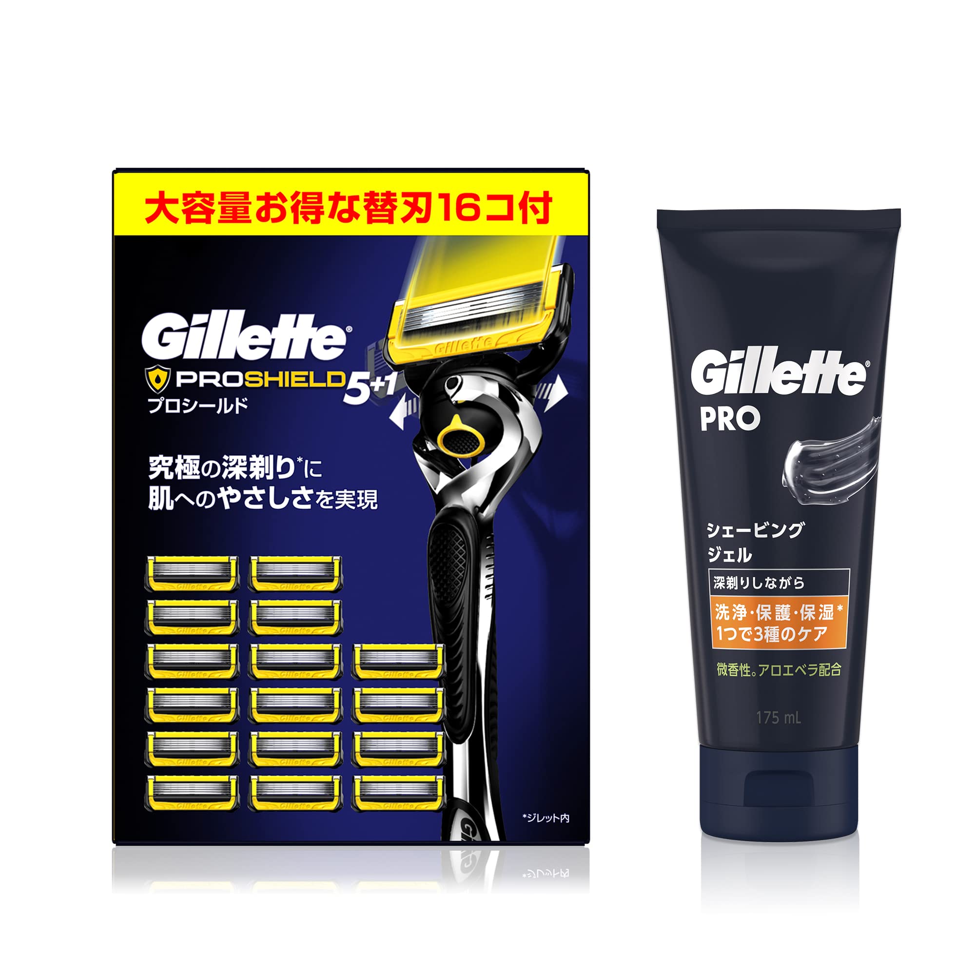 Gillette ジレット プロシールド マニュアル 本体 (替刃16コ付) +シェービングジェル 175ml【セット買い】髭剃り カミソリ 男性 メンズ 【Amazon.co.jp限定】