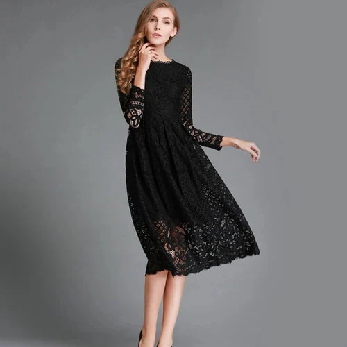 1701.レース刺繍ミモレ丈ドレス（ブラック）2019 春夏 sale パーティー 春夏 sale 結婚式 演奏会 レストラン お呼ばれ 二次会