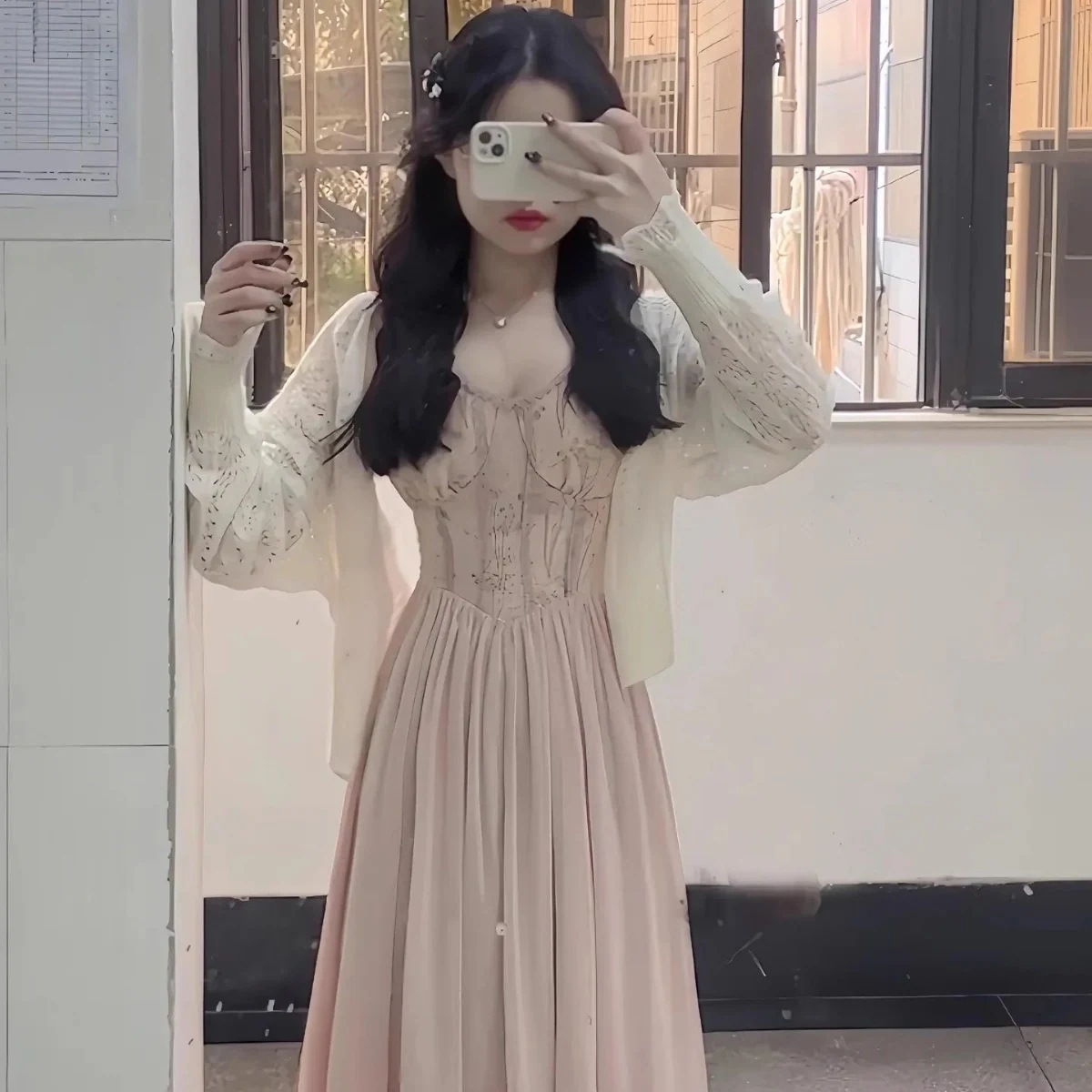 春先取 ワンピース フランス つぎて キャミソールワンピース 腰をすぼめる カーディガン ワンピース 2点セット やせて見える 韓国ファッション ロングスカート