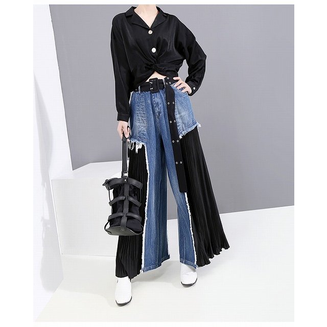 個性的 パンツ レディース モード系 黒 ドッキング デニム プリーツ 不規則 イベント ステージ衣装 コスプレ 10代 20代 30代 40代 50代