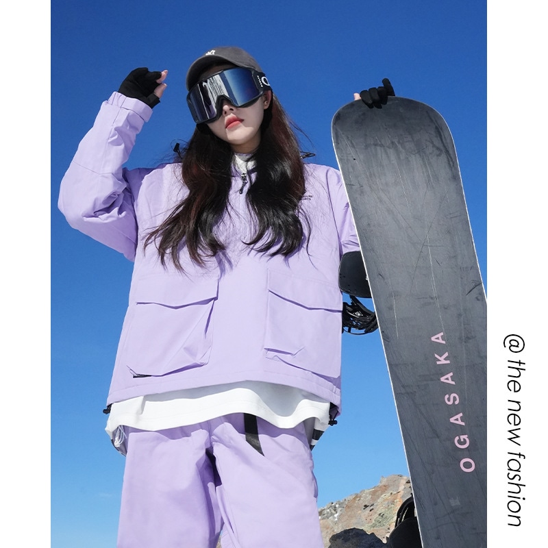 女性用紫色単板連帽防水スキーウェアセット綿厚手保温綿入れコート