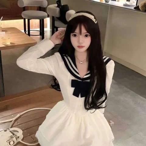 【1つ買うと10つ無料】ホワイトネイビーカラードレスレディーススプリングスプリングスイートカレッジスタイルハイエンドラブファーストラブショーシンパイフプリンセススカート