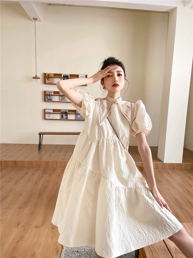 BIGカラー ワンピース チュチュワンピース ワンピース ドレス フレンチ 膝丈 レディース オフィス デート. 可愛い パフスリーブ C57