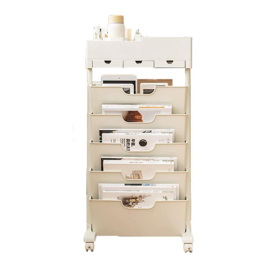 【自社生産】本棚 書類棚 おしゃれ スリム ブックスタンド 多機能 省スペース 可動棚 組立簡単 キャスター付 5段 絵本 漫画 雑誌 教科書 収納 学生 用教科書 文房具入れ