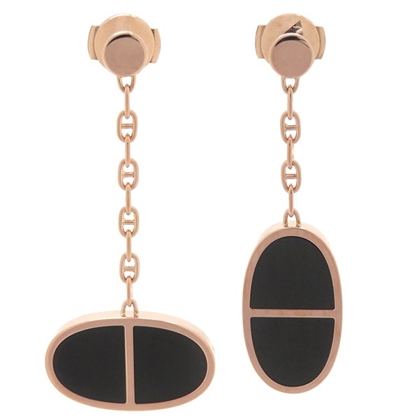 エルメス HERMES ピアス シェーヌダンクル ヴェルソ K18PG セラミック ブラックXローズゴールド ピンクゴールド ドロップピアス アシンメトリー 【中古】