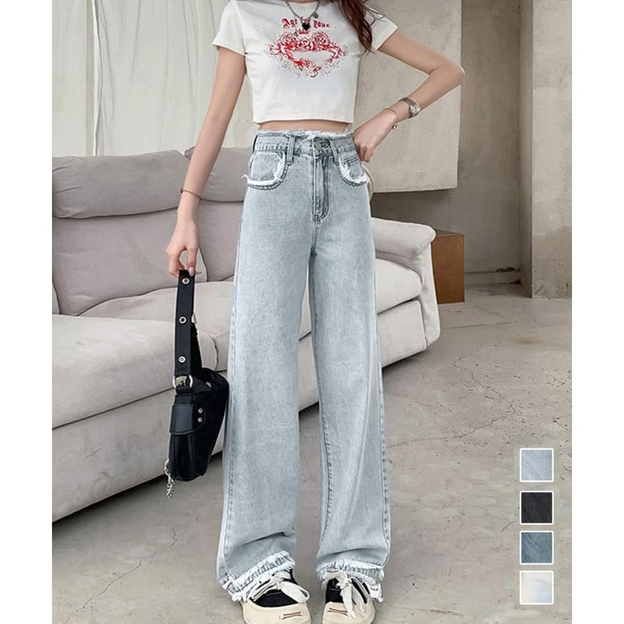 【急速出荷!】人気沸騰 大人気レディースパンツ フリンジ デニムパンツ ハイウエスト美脚