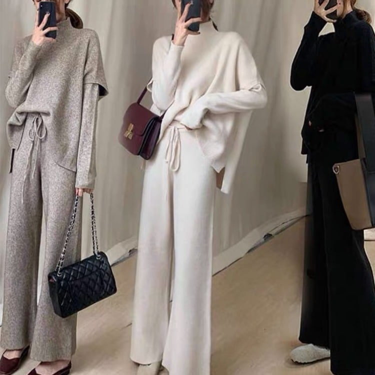 ニットパンツセットアップ ニットセットアップ 3点セット スリーピース 韓国 レディース オルチャン ワイド スリーピース 黒 ブラック ピンク ベージュ 白 オフホワイト ウエスト調整