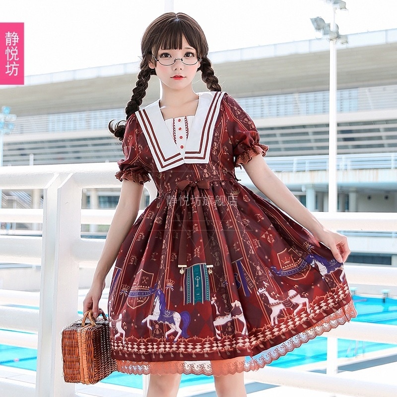 日本のソフトガールOP半袖ドレスかわいいロイヤルホースロリータプリントロリータロリータドレス