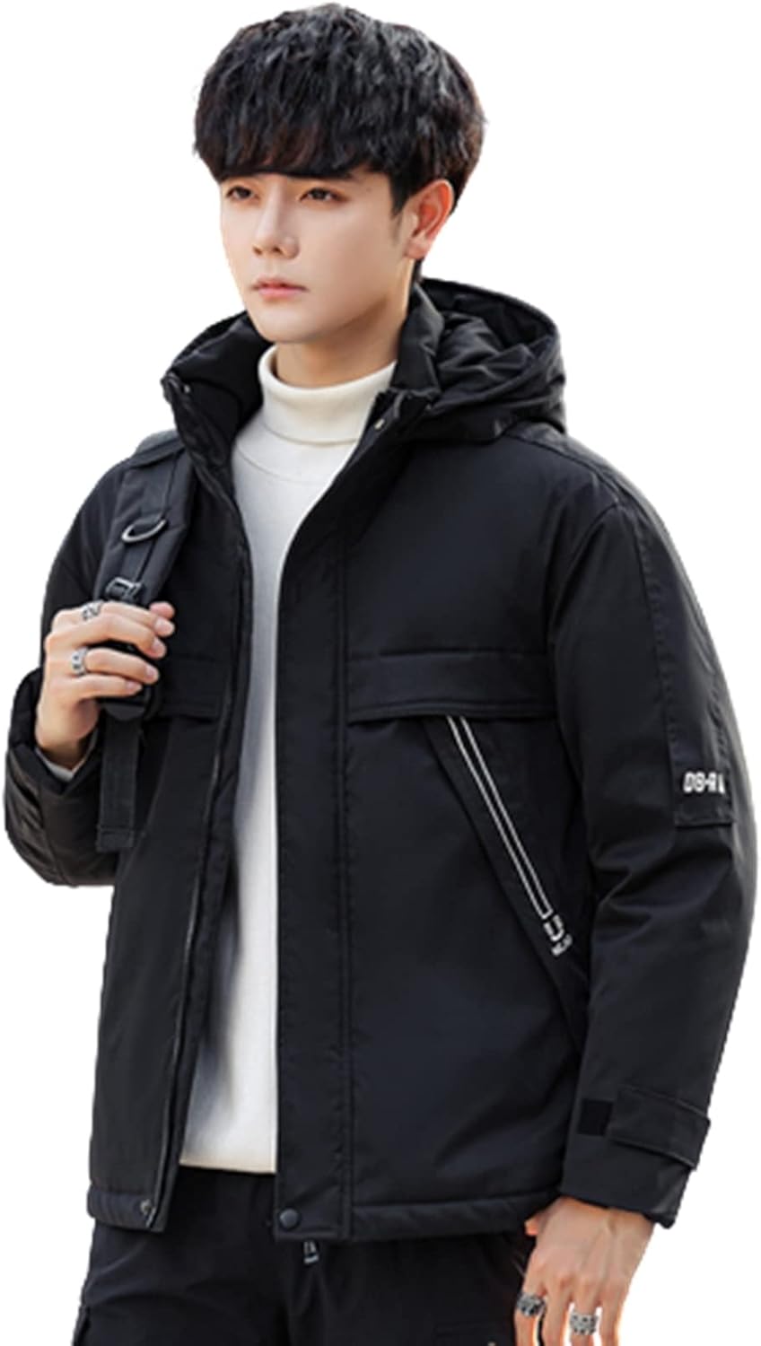 ダウンジャケット メンズ ショート丈 カジュアル フード付き アウター 冬 フェザー 厚手 保温 防寒 カーゴジャケット ダウンコート アウトドア 通勤 通学 登山