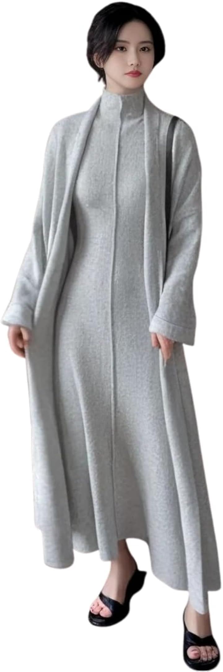 ブルーベリル ニット セットアップ ワンピース ロングカーディガン ハイネック ノースリーブ 縦ライン ロング丈 きれいめ フレアライン BB094-GY-S (グレー, S)