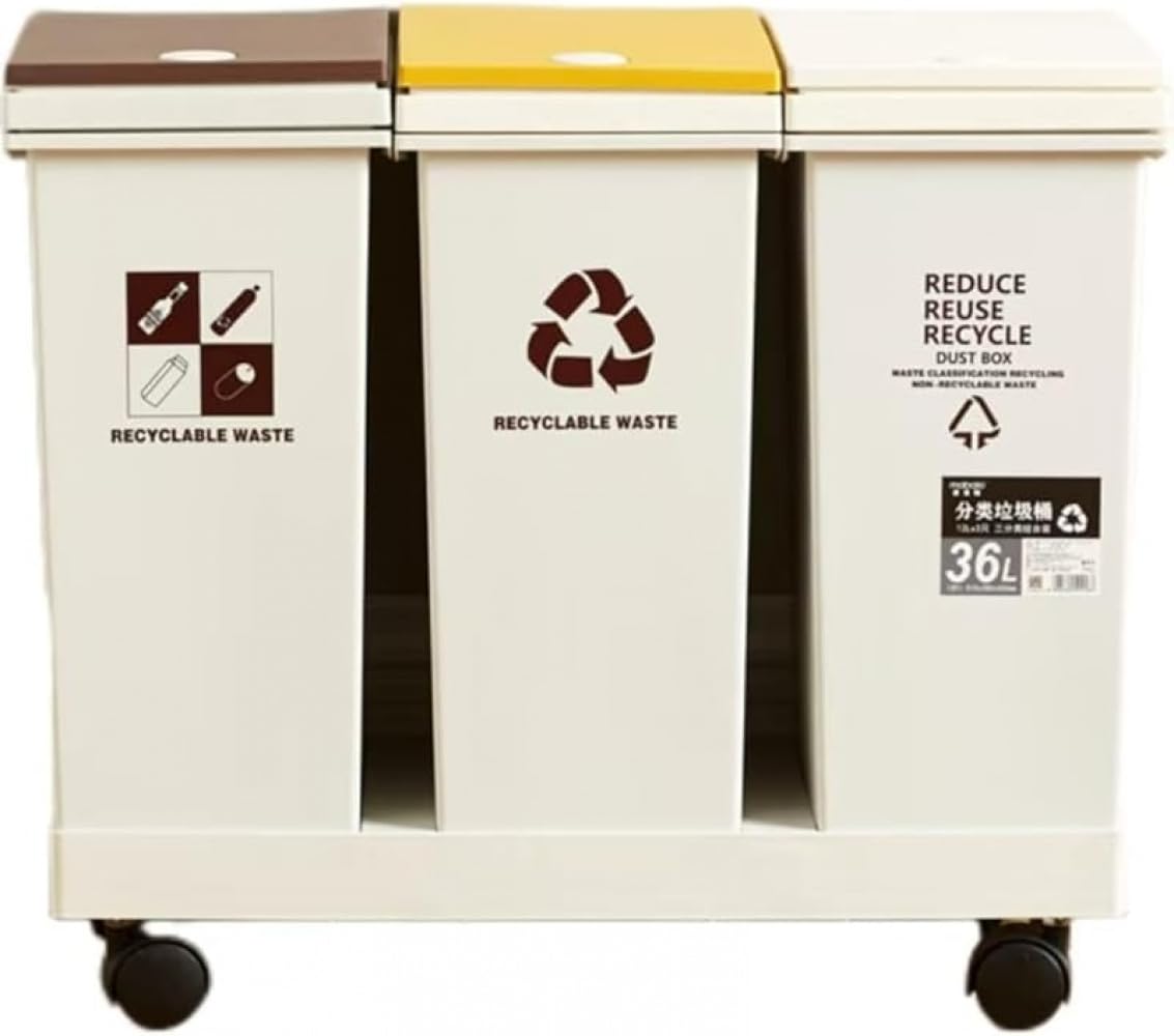 Xiraivke36L 分类垃圾桶 分类垃圾箱 带盖子・脚轮 可拆卸 资源垃圾横型3/2分类推车 带盖子 3个一组 细长 耐脏 防水加工 颜色分类 密闭按压式 保持清洁