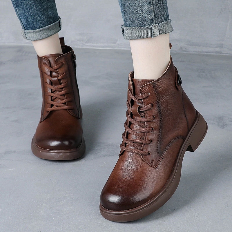 総牛革レトロ英国風太ヒール本革ショートレディース万能編み上げブーツ