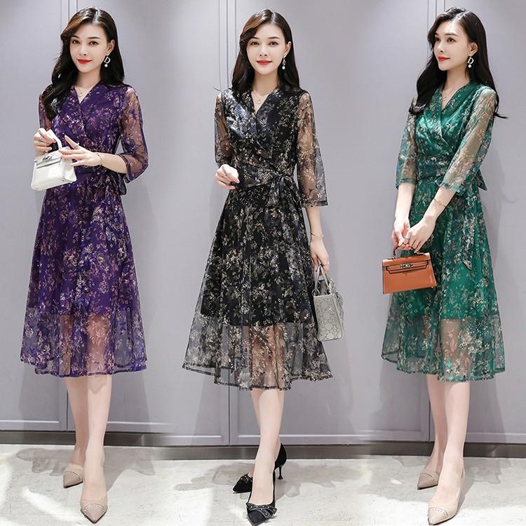 ワンピース レディース 春夏 きれいめ マキシ丈ワンピース 韓国風 花柄 シフォン 七分袖 ロング丈 オシャレ 結婚式ドレス 着痩せ 新作 上品 4色